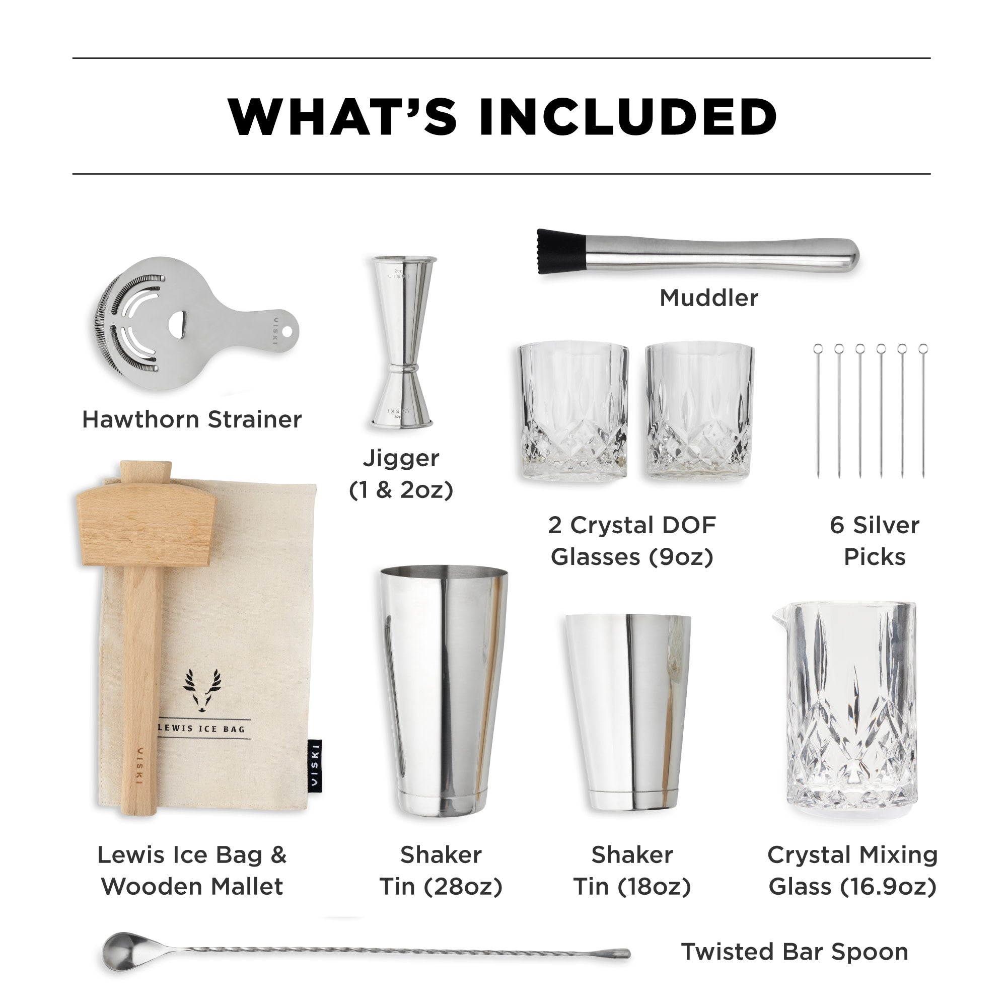 Viski Bartender Kit and Barware Set Includes Boston Cocktail Shakers, Mixing Glass, Jigger, Muddler, Strainer, Bar Spoon, Whiskey Glasses, Ice Bag, Mallet, and Cocktail Picks, Home Bar Gifts, 17-Piece