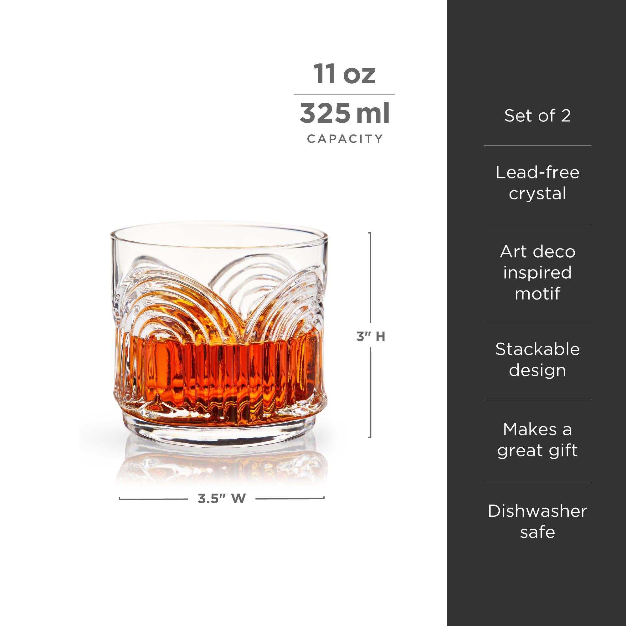 Viski Meridian Lowball Glasses Set of 2 - Premium Crystal Clear Vintage  Drinking Tumblers for Whiskey, Scotch & Bourbon in Art Deco Ripple  Glassware