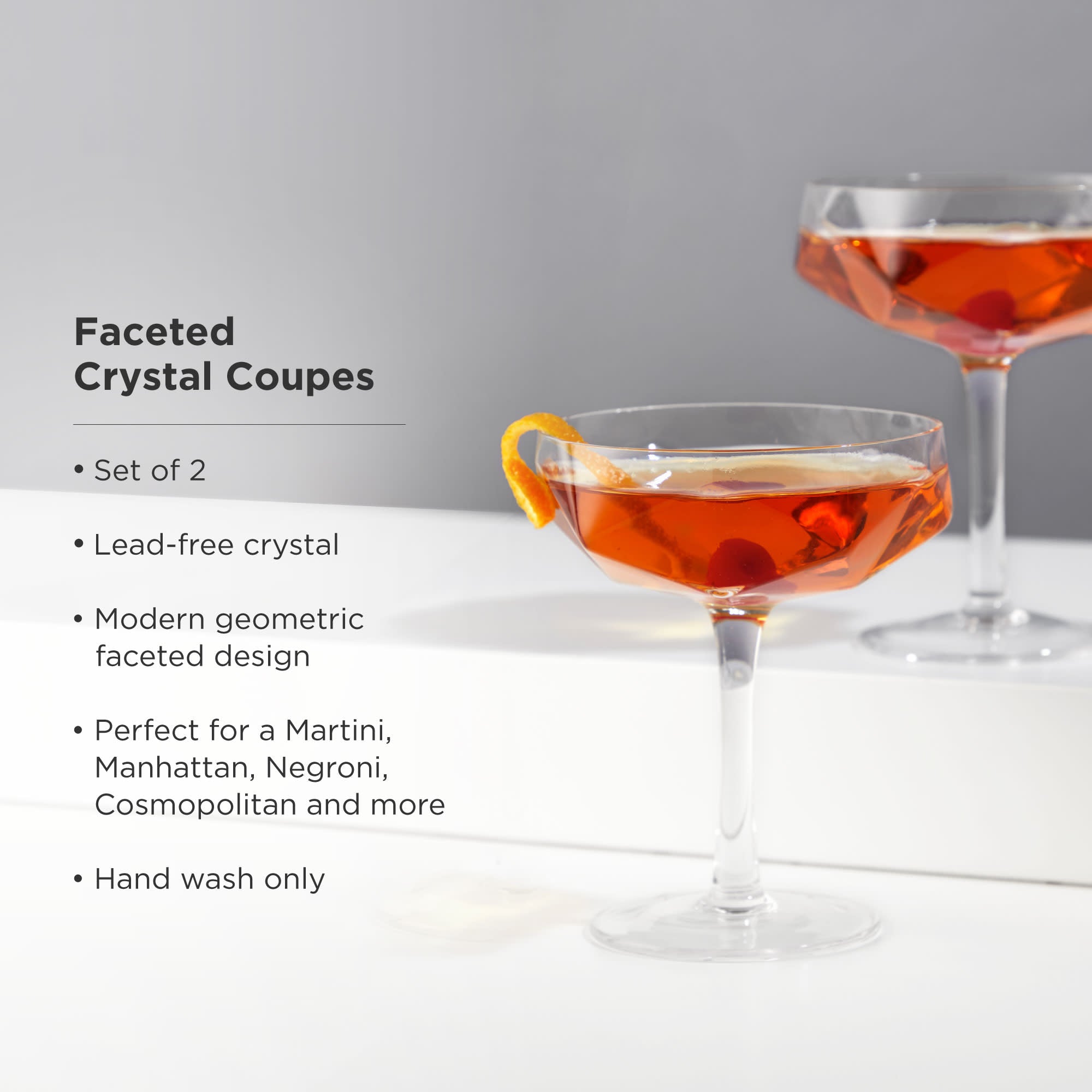Viski Faceted Martini Glasses, Preium Crystaal Cocktail Coupe