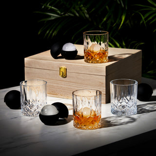 SET OF 4 WHISKEY LOWBALL GLASSES AND SPHERE ICE CUBE MOLDS – Large enough to serve as double old fashioned glasses but suitable for neat pours or whiskey on the rocks, this set includes crystal whiskey glasses and ice sphere molds.