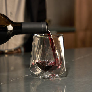 DOUBLE WALLED DESIGN REGULATES TEMPERATURE - Our double walled stemless wine glasses protect your wine from the heat of your hand, keeping your drink cooler without needing ice. The external shape includes gemlike facets rising to a smooth rim.

