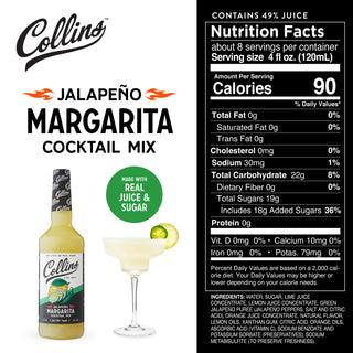 JUST ADD TEQUILA TO CREATE THE PERFECT JALAPENO MARGARITA - Collins Jalapeno Margarita mix is the ideal balance of sweet, tart and spicy. Recipe and recommended ratios included on each bottle of bartender margarita mix. 