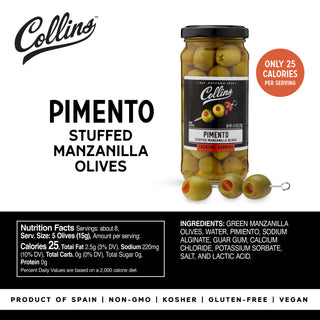 REAL PIMENTO – These Manzanilla olives are generously-filled with pimento for a unique and delicious flavor profile. Throw a couple of these olives into your salad for a boost in taste and character.