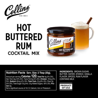 MADE USING REAL BROWN SUGAR AND BUTTER - Collins Hot Buttered Rum mix is the perfect base for a quality cocktail, combining the richness of butter and brown sugar with the bright flavors of rum and depth of vanilla. Grab your favorite mug and enjoy!