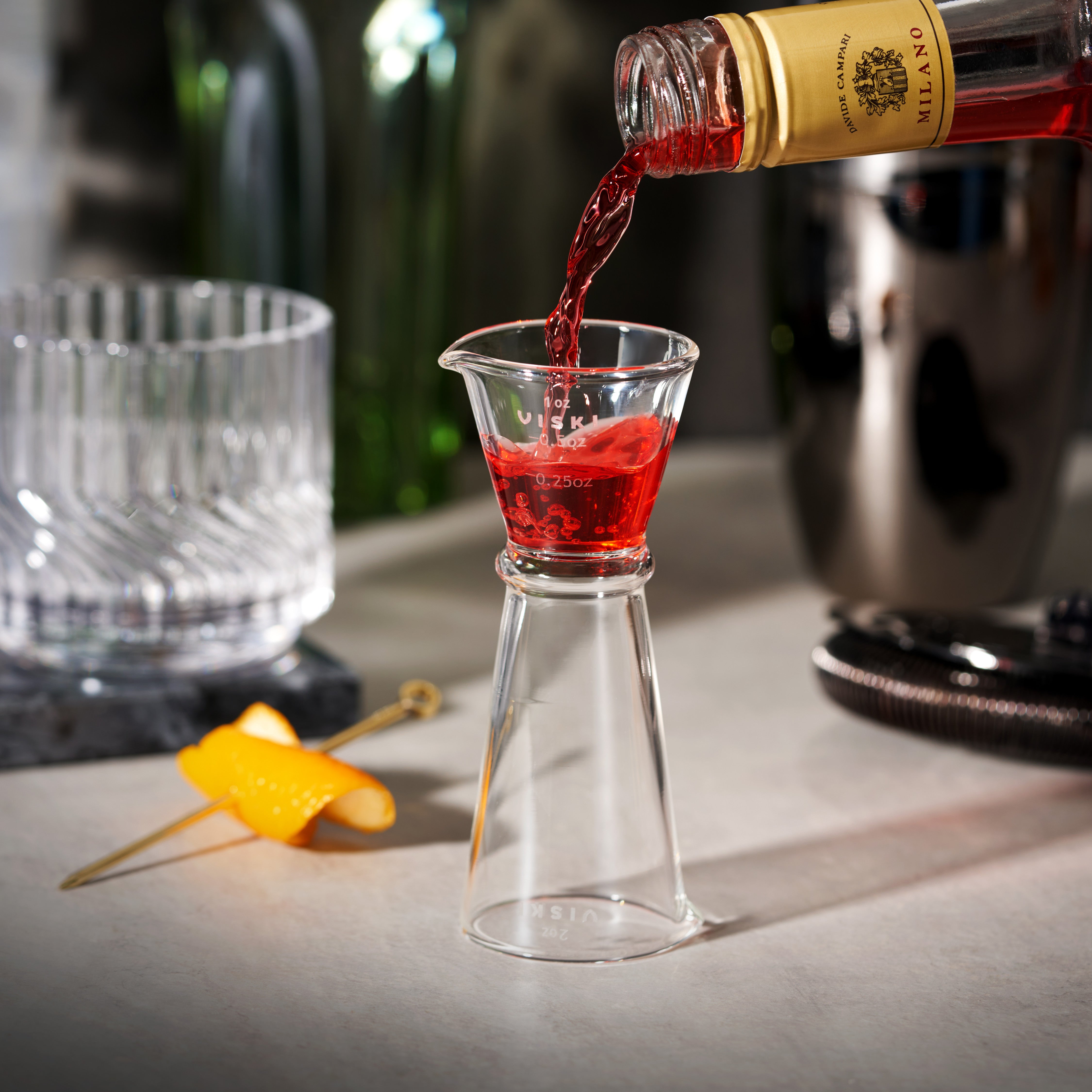 Viski Glass Makoto Jigger, Hand Blown Borosilicate Glass Cocktail Measuring Jigger, 2 oz / 1 oz with 0.25 oz and 0.5 oz Markings, Clear
