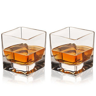 SQUARE WHISKEY GLASSES SET – These cocktail glasses are the epitome of elevated simplicity. The striking square base of these whiskey drinking glasses gives them geometric style, perfect for bourbon or scotch with a large ice sphere.