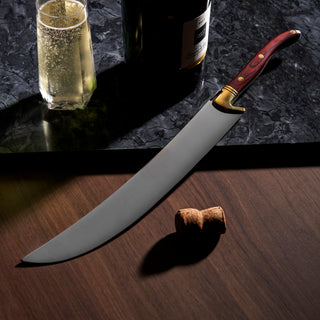 STAINLESS STEEL WINE SABER SWORD WITH WOOD HANDLE - The curved stainless steel blade has a blunt edge, which is a safer way to open Champagne bottles. It has a striking polished wood handle, smoothly shaped for comfortable holding.