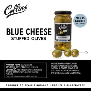 REAL BLUE CHEESE – These olives are generously-filled with blue cheese for a pungent flavor profile. Throw a couple of these olives into your cocktail or salad for a boost in Mediterranean flavor and character.