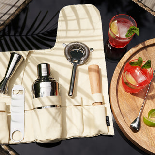 STURDY MATERIALS AND CLASSIC DESIGN - Each bar accessory is crafted from stainless steel, with a beechwood muddler, and made to last. Roll these bar tools up in the stylish canvas carry bag for convenient transportation to picnics, camping, and travel.