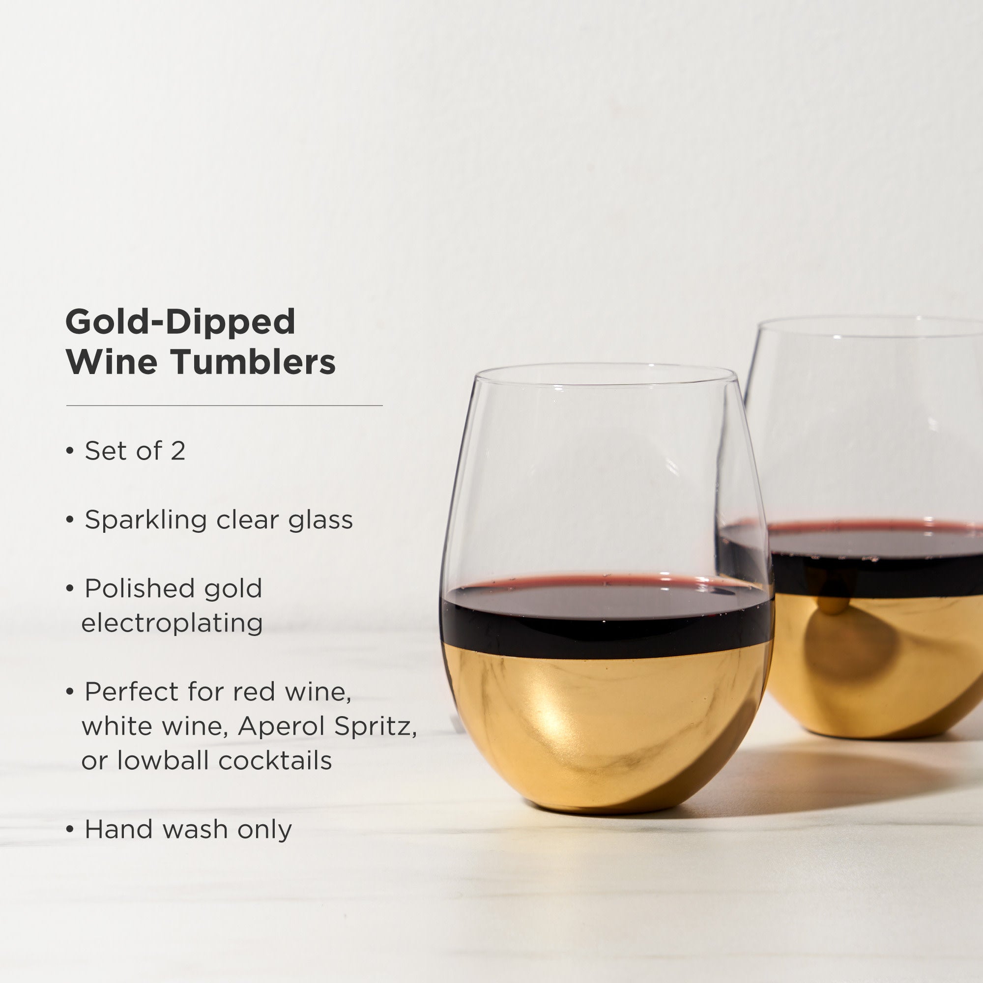 Viski Gold Dipped Cocktail Tumblers, Set of 2 19 oz Stemless Wine