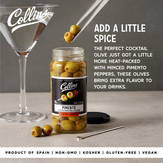 MANZANILLA MARTINI OLIVES – Discover a gourmet 5oz jar of hand-packed Manzanilla olives from Spain. Bold and salty, these green olives with pimento are one of the most popular olives for cocktails.