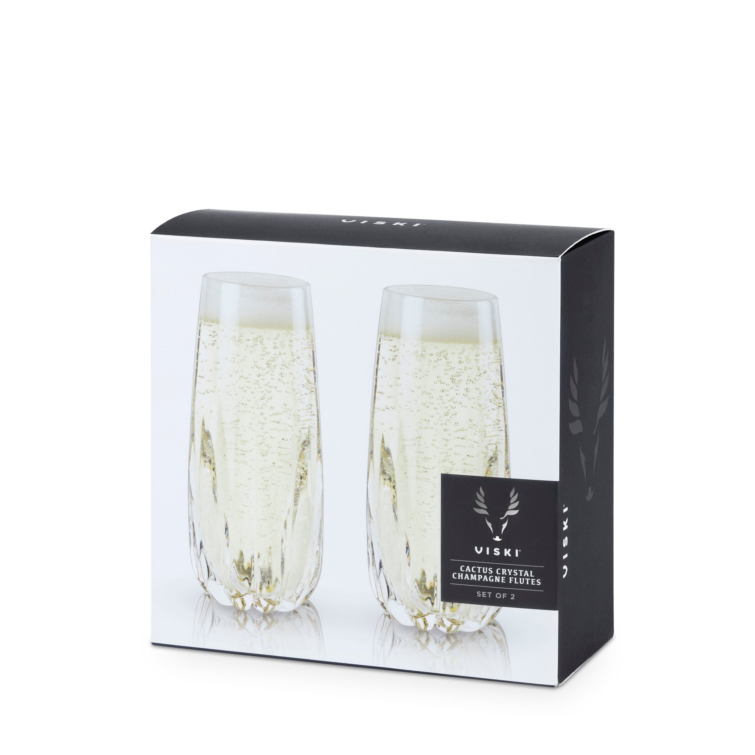 Viski Raye Cactus Crystal Champagne Flutes Set of 2 - Premium Crystal Clear  Glass, Modern Stemless, Champagne Glass Gift Set - 10oz