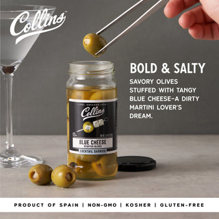 BLUE CHEESE OLIVES – Discover a gourmet jar of hand-packed Greek olives. Bold and pungent, these olives are perfect for those who want to create the best cocktails.