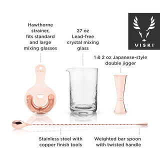 SET OF 4 TOOLS, COPPER FINISH AND LEAD-FREE CRYSTAL - Each stainless steel with copper finish piece fits in with other iconic bar tools you may have in your kitchen. These classic bar essentials will upgrade your game. Hand wash only.