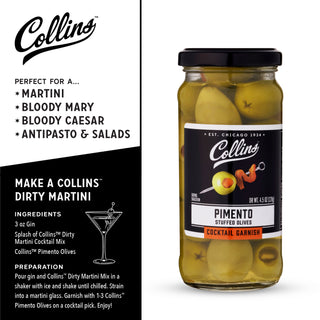 MARTINI OLIVES WITH PIMENTO PEPPERS - Garnish your drink with the real deal—these pimento stuffed olives are made with real ingredients. Dirty martini olives stuffed with pimentos are the perfect eye-catching cocktail garnish with a savory finish.
