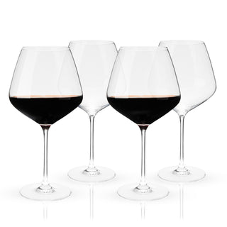 FOUR STEMMED BURGUNDY GLASSES – This beautiful set of 31 oz. stemmed wine glasses will enhance your finest vintages. Crafted with full-bodied red wines in mind, this gorgeous 4-piece glassware set is equally suited for crisp white wines or rosé.