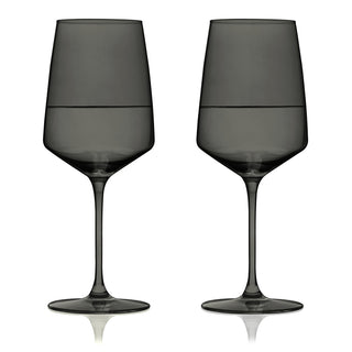 BLACK WINE GLASSES SET OF 2 – This set of stemmed wine glasses will enhance your finest vintages. A sleek modern silhouette with an angled bowl gives these unique wine glasses a contemporary look, while the smoke hue recalls vintage glassware.