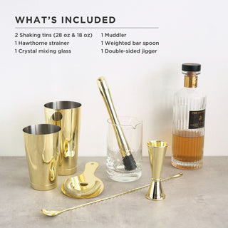 SLEEK PROFESSIONAL BAR COCKTAIL SET - Each metal tool in this drink mixing kit is crafted with gold-plated stainless steel, creating a luxe, cohesive look. A solid crystal mixing glass rounds out the accessories. Hand wash tools.