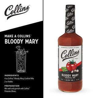 JUST ADD VODKA TO CREATE THE PERFECT BLOODY MARY - Collins Classic Bloody Mary mix is the ideal balance of flavor. Just serve over ice in a nice big highball glass, Collins glass or pint glass. Recipe and recommended usage ratios included on each bottle.