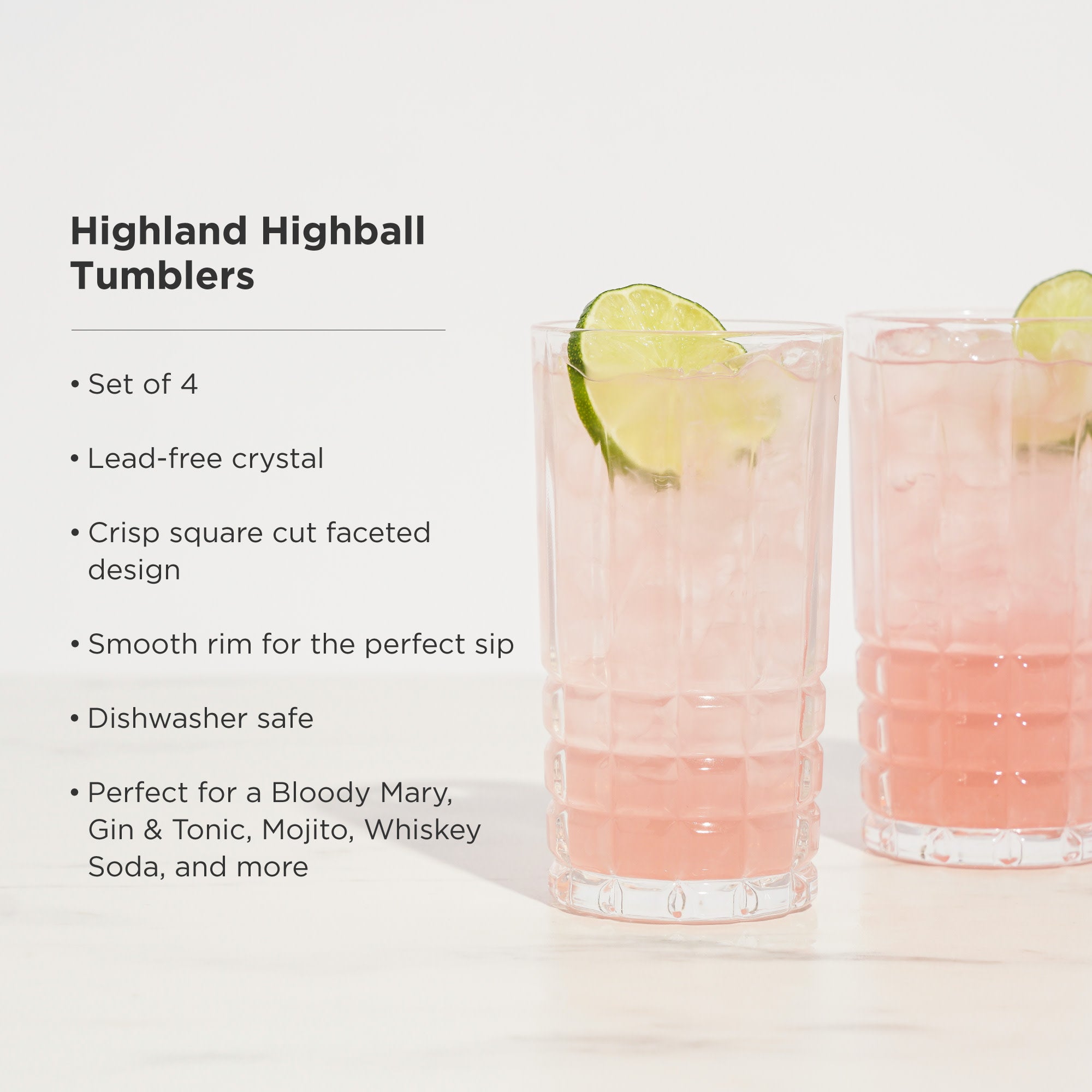 Viski Shatterproof Highball Tumblers, Faceted Acrylic Tall Drink