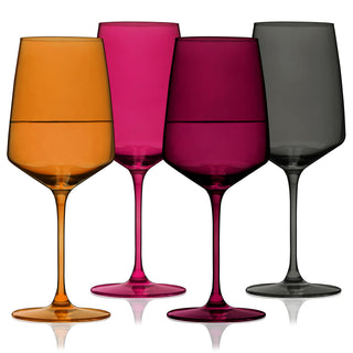 MULTI-COLORED WINE GLASSES SET OF 4 – This set of stemmed wine glasses will enhance your finest vintages. A sleek angled modern silhouette gives these unique wine glasses a contemporary look, while 4 distinct colors recall vintage glassware.
