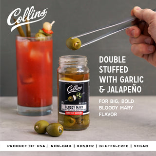 JALAPENO OLIVES WITH GARLIC - Garnish your drink with the real deal—these jalapeno and garlic olives are made with real ingredients. Salty green dirty martini olives are stuffed with both garlic AND jalapeno for the perfect savory finish.