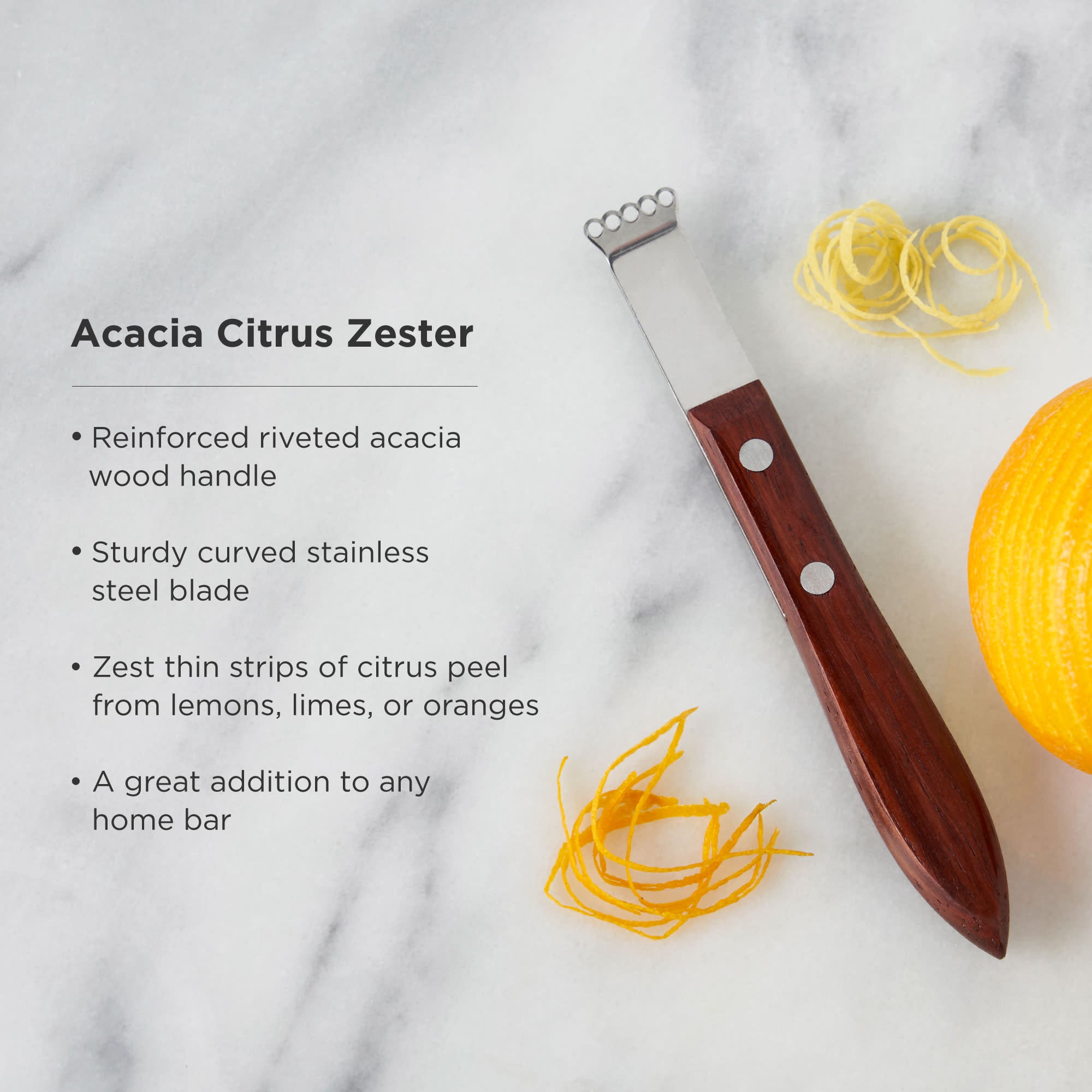 Viski Citrus Zester, Acacia Wood Handle, Lemon Zester Bar Tool, Stainless  Steel Citrus Zester, Riveted Base, Set of 1