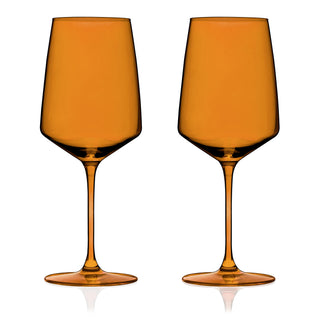 AMBER WINE GLASSES SET OF 2 – This set of stemmed wine glasses will enhance your finest vintages. A sleek modern silhouette with an angled bowl gives these unique wine glasses a contemporary look, while the amber hue recalls vintage glassware.