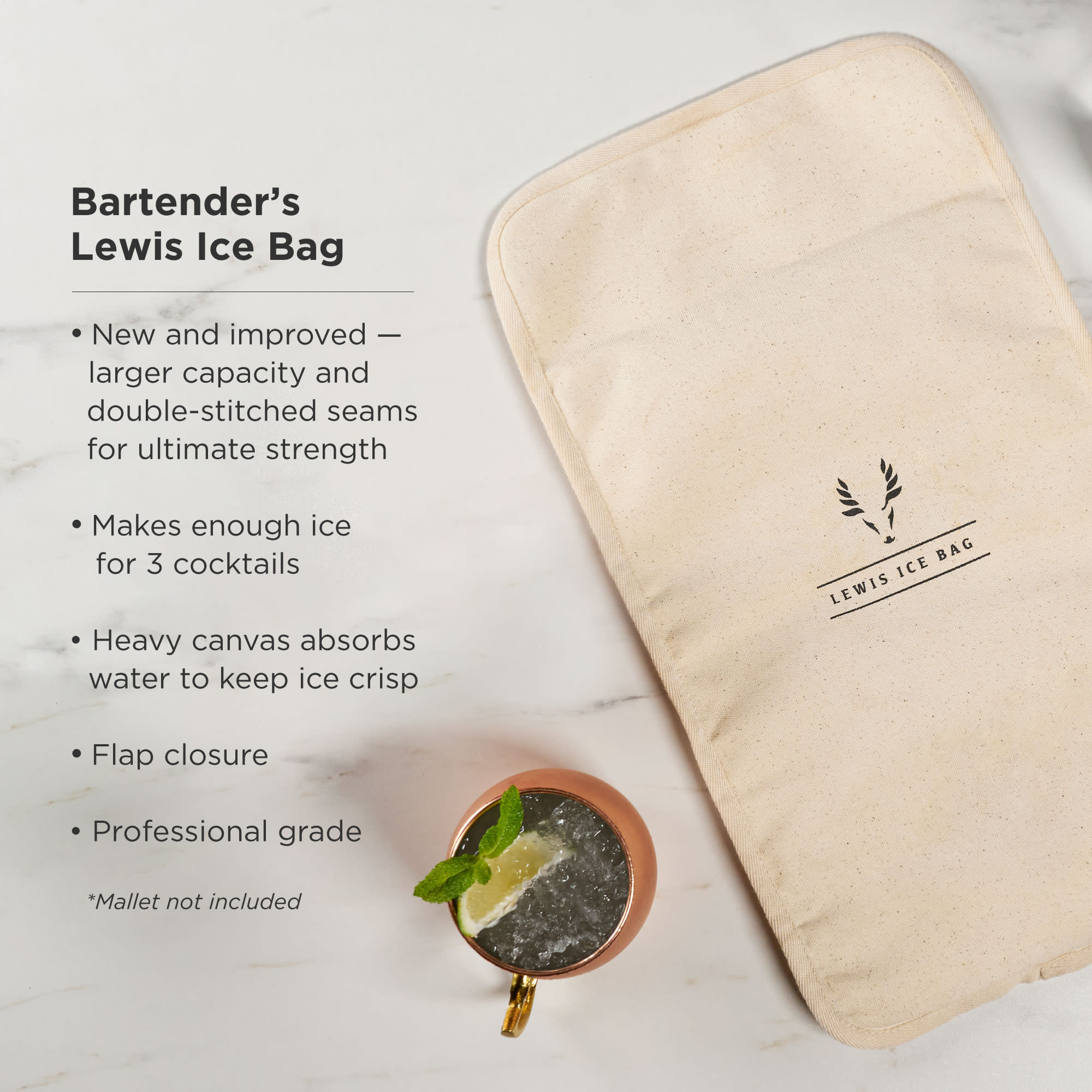 Viski Bartender's Lewis Ice Bag - Extra Large Professional Grade Canvas Ice  Crushing Bag with Reinforced Seams for Chilled Cocktails - 10″ x 18″ Set of  1