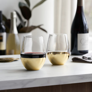 STEMLESS DESIGN AND GENEROUS CAPACITY - The stemless design and gilded details make these modern tumblers perfect for red and white wines, cocktails, or whiskey neat. Each glass holds 19 oz and adds a decadent touch to a Negroni or Margarita.