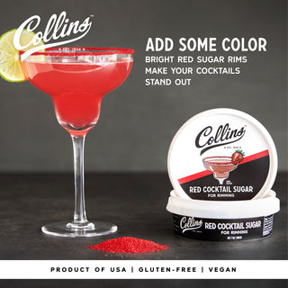 7OZ OF RED RIMMING SUGAR – This Collins Red Rimming Sugar is made of the finest ingredients to enhance your cocktail experience.