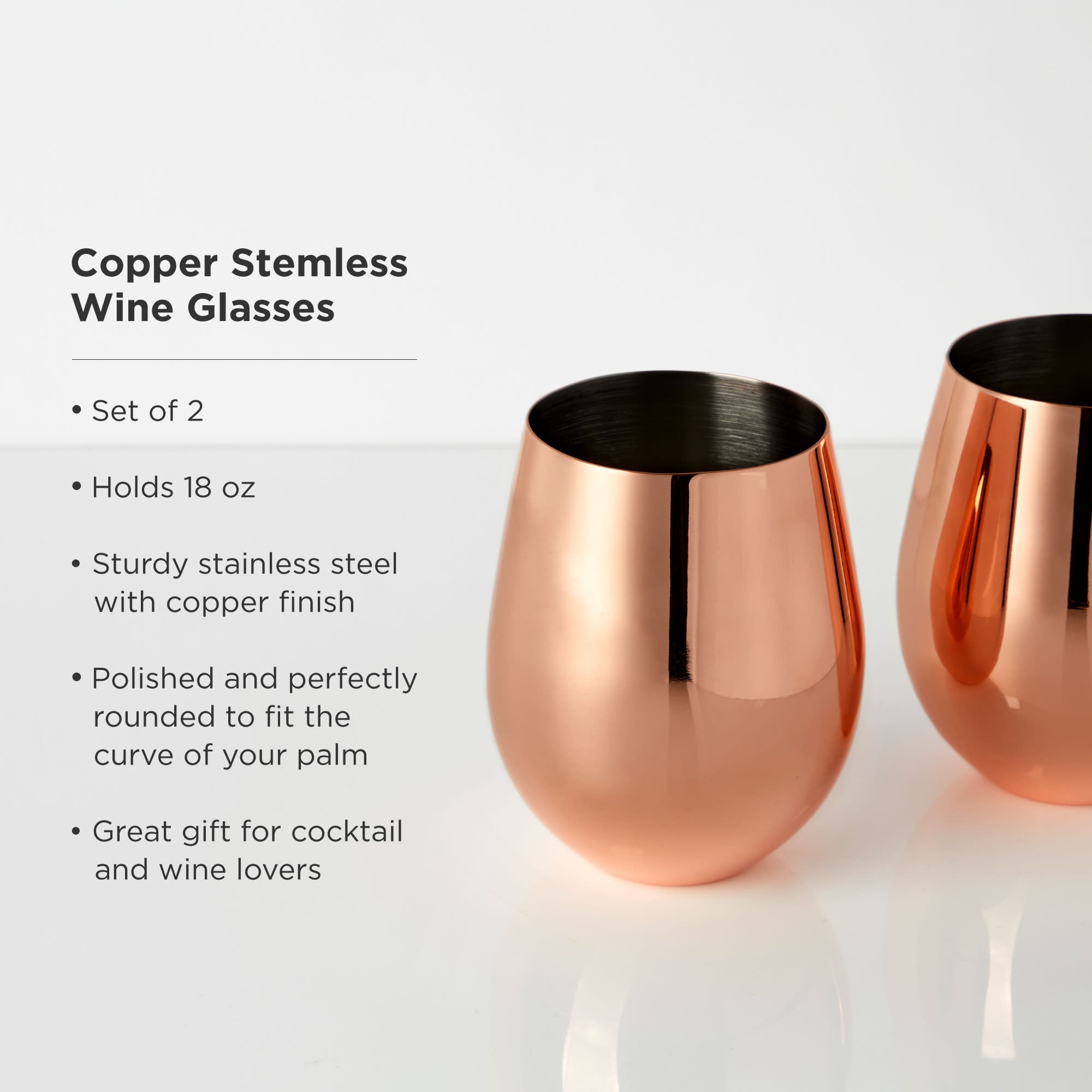 Viski Copper Wine Glasses, Stemless Wine Glass Set, Stainless Steel with  Copper Finish, 18 Ounces, Set of 2, Copper