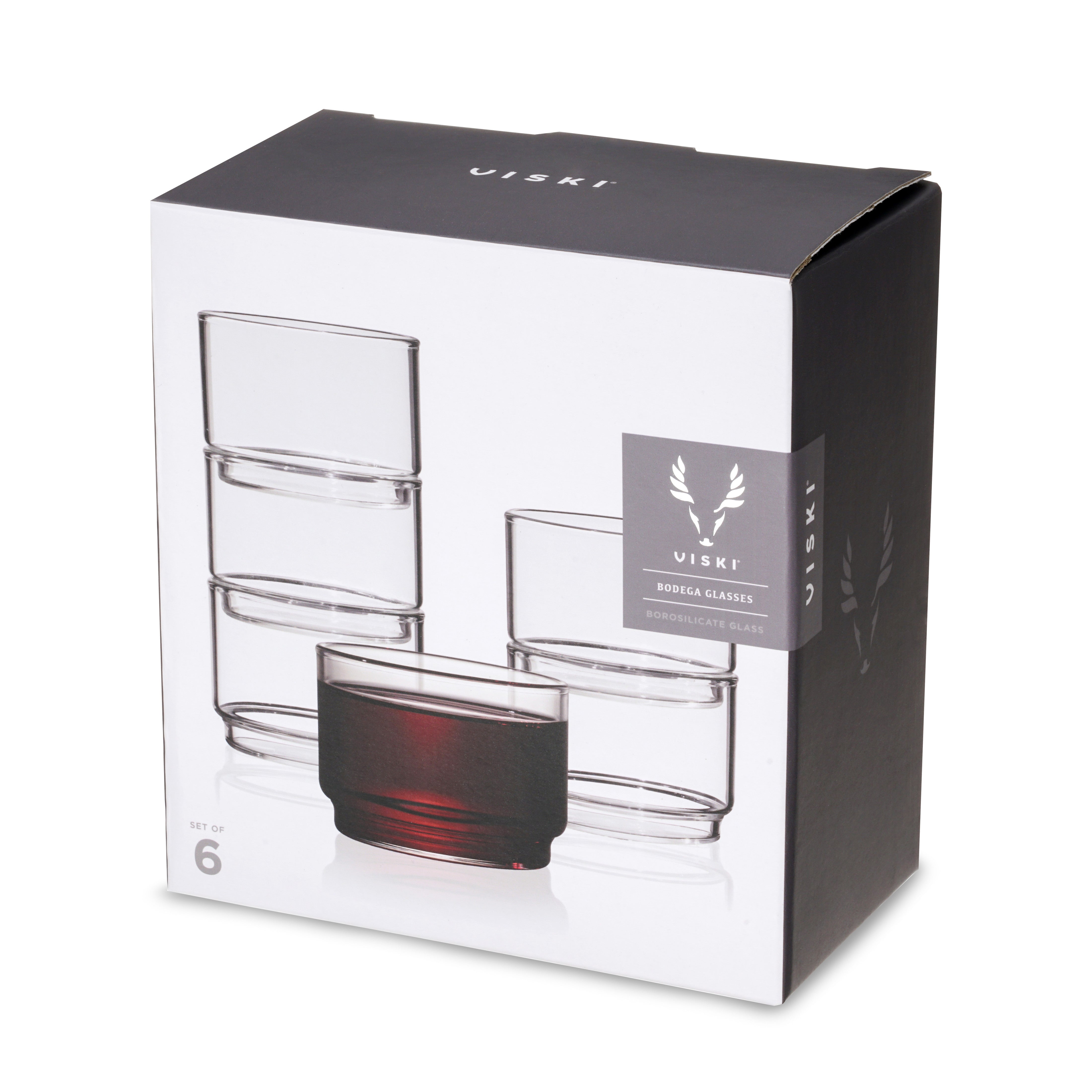 Viski Bodega Stackable Drinking Glasses Set-Modern Glassware for Wine and Cocktails-7oz Set of 6, Clear