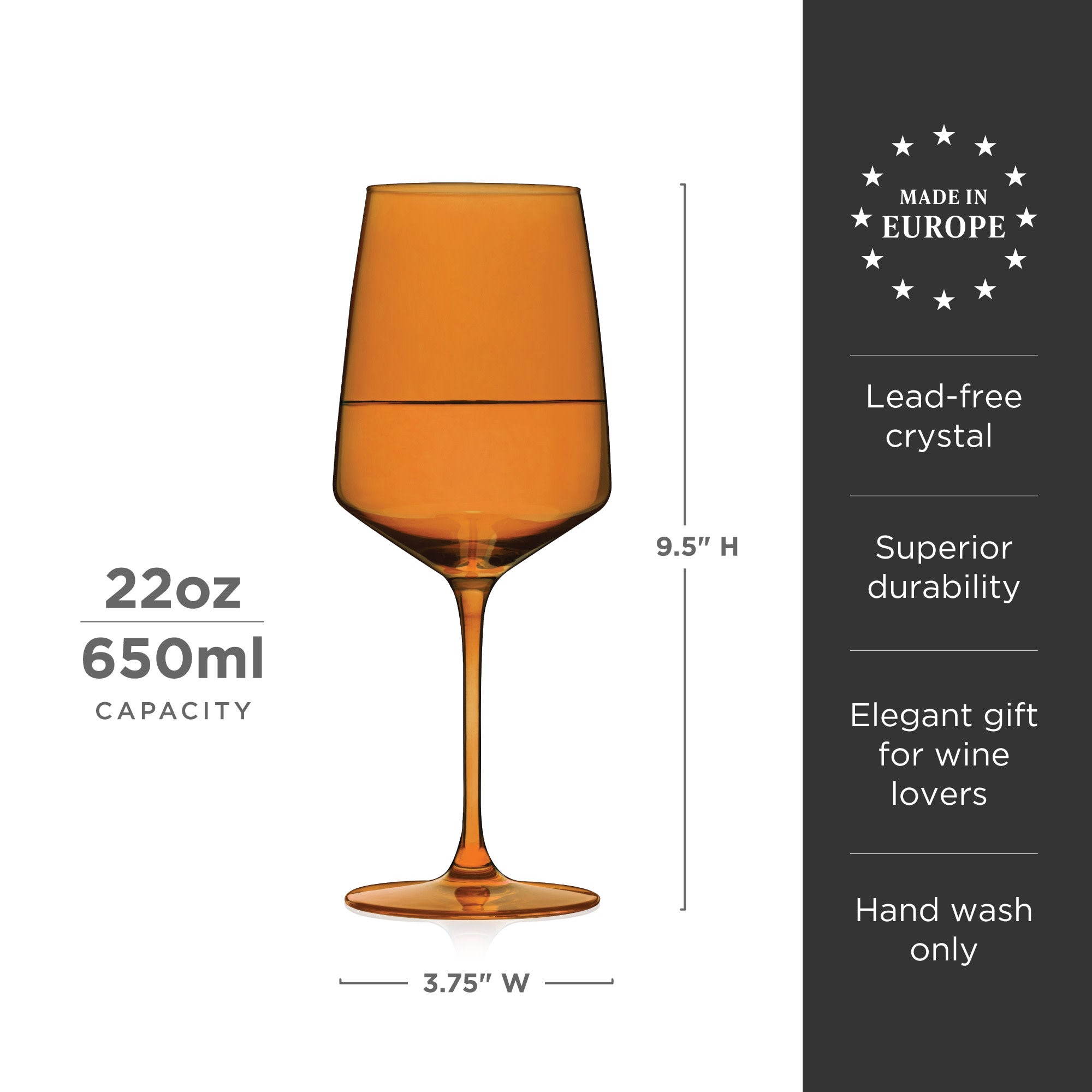 Viski Reserve Nouveau Amber Colored Drinking Glasses - Crystal Wine Glasses  Colorful Glassware - 22oz Long Stem Wine Glasses Set of 2