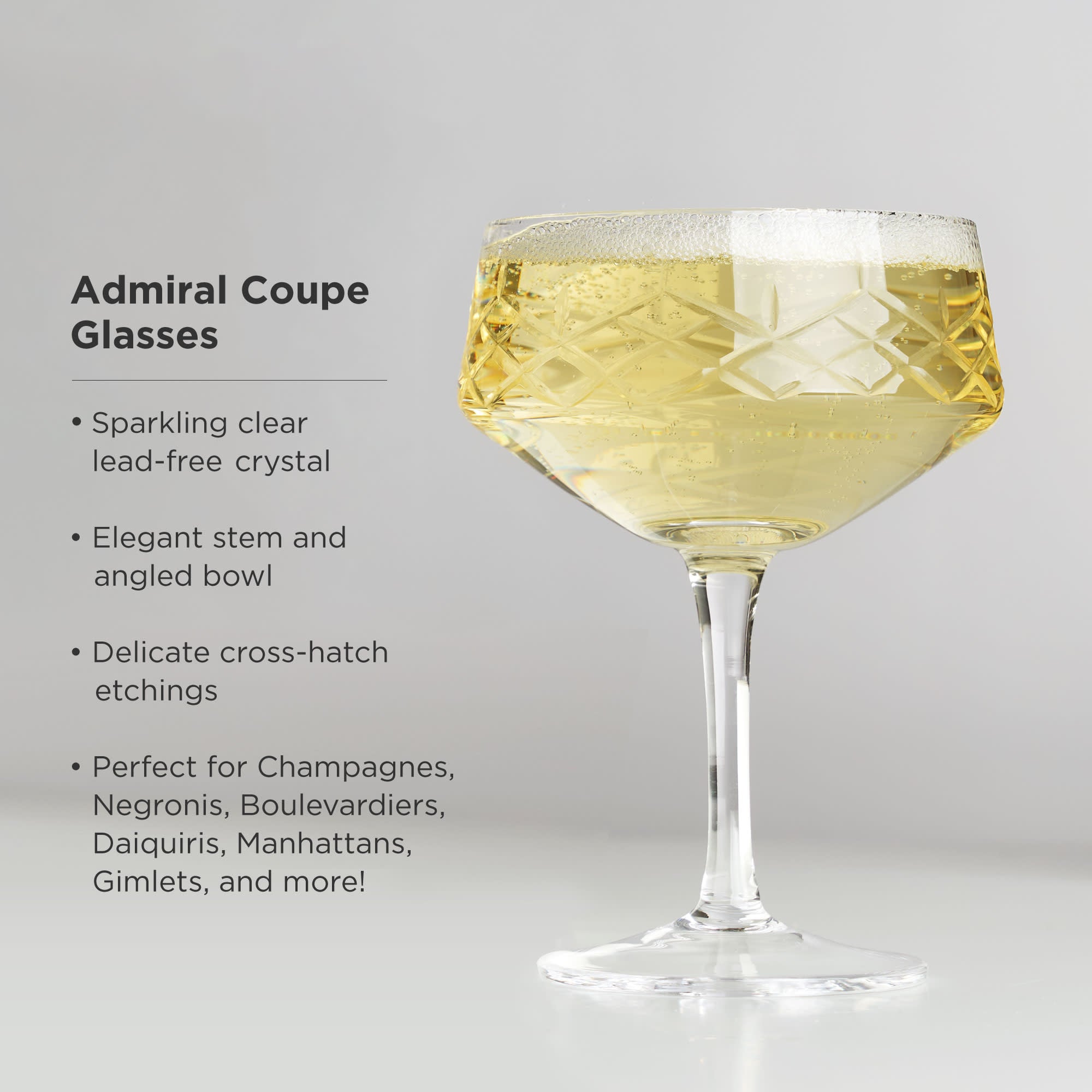 Viski Admiral Etched Martini Glasses, Cocktail Coupe Glasses, Stemmed Crystal  Glassware, Home and Bar Drinkware, Set of 2, 9oz