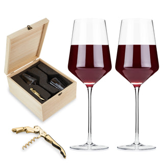 CRYSTAL WINE GLASSES AND GOLD CORKSCREW IN WOOD GIFT BOX – Combining crystal-clear clarity with precise angles, these 16 oz stemmed wine glasses are perfect for red wine, white wine, rosé, or cocktails and come with a luxurious gold-plated wine key.
