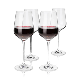 FOUR STEMMED BORDEAUX GLASSES – This beautiful set of 21 oz. stemmed wine glasses will enhance your finest vintages. Crafted with full-bodied red wines in mind, this gorgeous 4-piece glassware set is equally suited for crisp white wines or rosé.