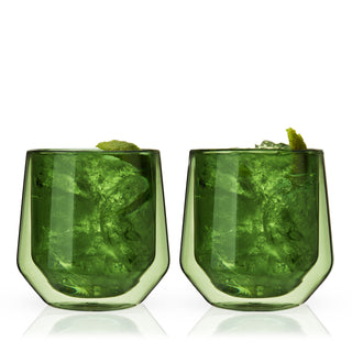 GREEN TINTED GLASSWARE FOR WATER OR WINE-  Bring a pop of color to your minimalist, contemporary glassware. Handcrafted from glass colored with natural minerals, this green lowball tumbler set is a timeless addition to your bar cart.