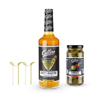 ALL-IN-ONE COCKTAIL KIT - Do you love the kick of a classic dirty martini? This cocktail kit has everything you need, including a 25.4 oz bottle of dirty martini olive brine, plus a 5 oz jar of gourmet pimento olives and a pack of bamboo cocktail picks. 