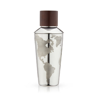 GLOBE STAINLESS STEEL COCKTAIL SHAKER - Adorned with the contours of the globe, this 3-piece cobbler cocktail shaker for cocktails is a wanderer's dream. The shapes of each continent are sanded for a slightly distressed look, recalling antique maps.