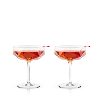 FACETED MARTINI COUPES – This beautiful cocktail glassware is designed with precise angles and crystal clarity. Modern geometric facets make these glasses shine on a bar cart or in your liquor cabinet and give contemporary elegance to any drink. 