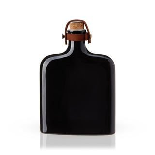 8.5 0Z LIQUOR FLASK WITH CORK - This black hip flask holds 8.5 oz. of your favorite beverage. This black ceramic flask has a real cork secured with leather for a vintage look. The ceramic flask is a beautiful version of classic drinking flasks.