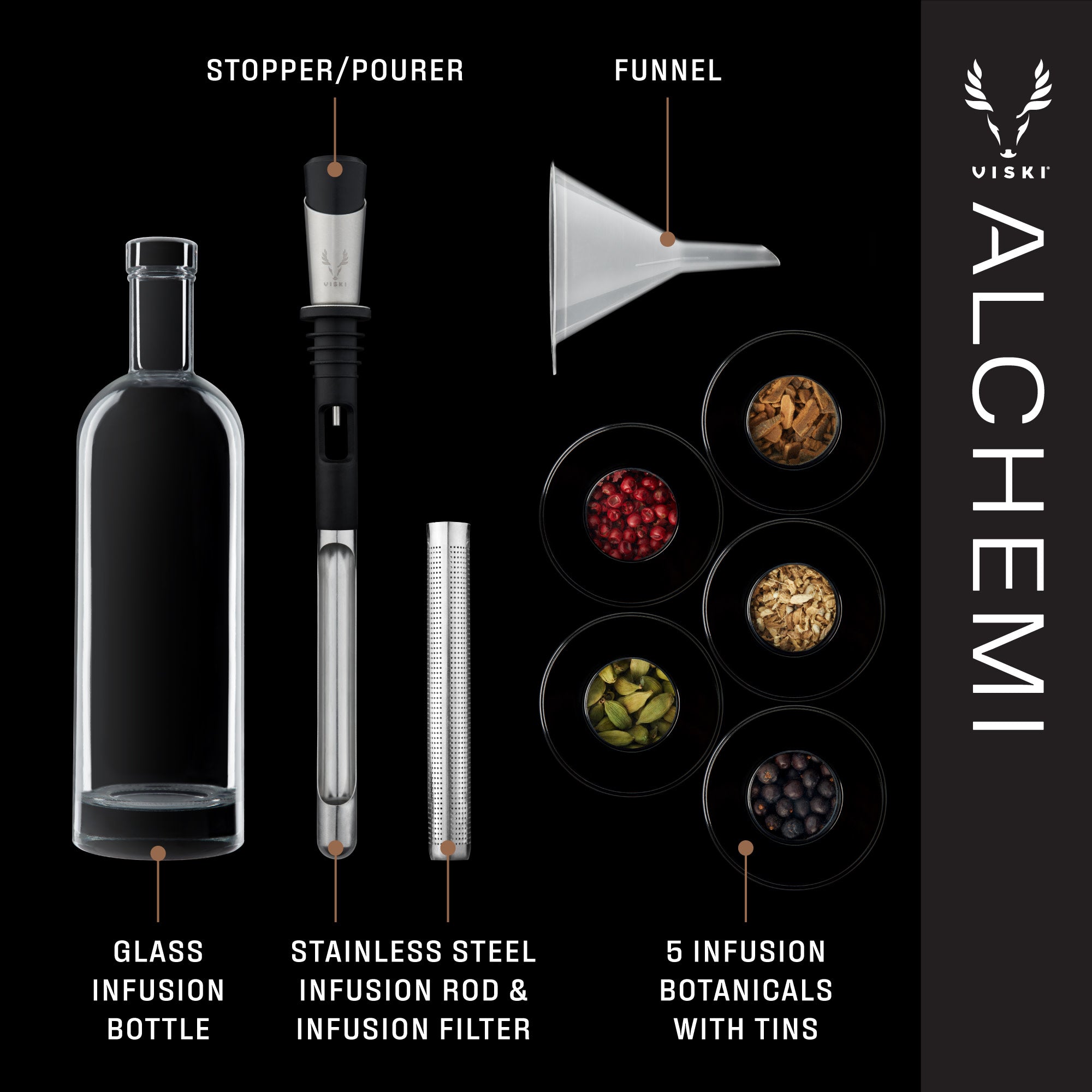 Viski Alchemi Spirit Infusion Kit for Liquor, Gin, Vodka, Whiskey, Rum,  Tequila Infuser, Customize Craft Cocktails, Stainless Steel, Set of 1