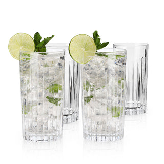 FOUR HIGHBALL COCKTAIL GLASSES – With their crystal clarity and subtle facets, these tumblers look great on a bar cart. While they’re perfect for a classic double gin & tonic, they shine with any tall drink, such as a Mojito, Cuba Libre, or tiki libation.