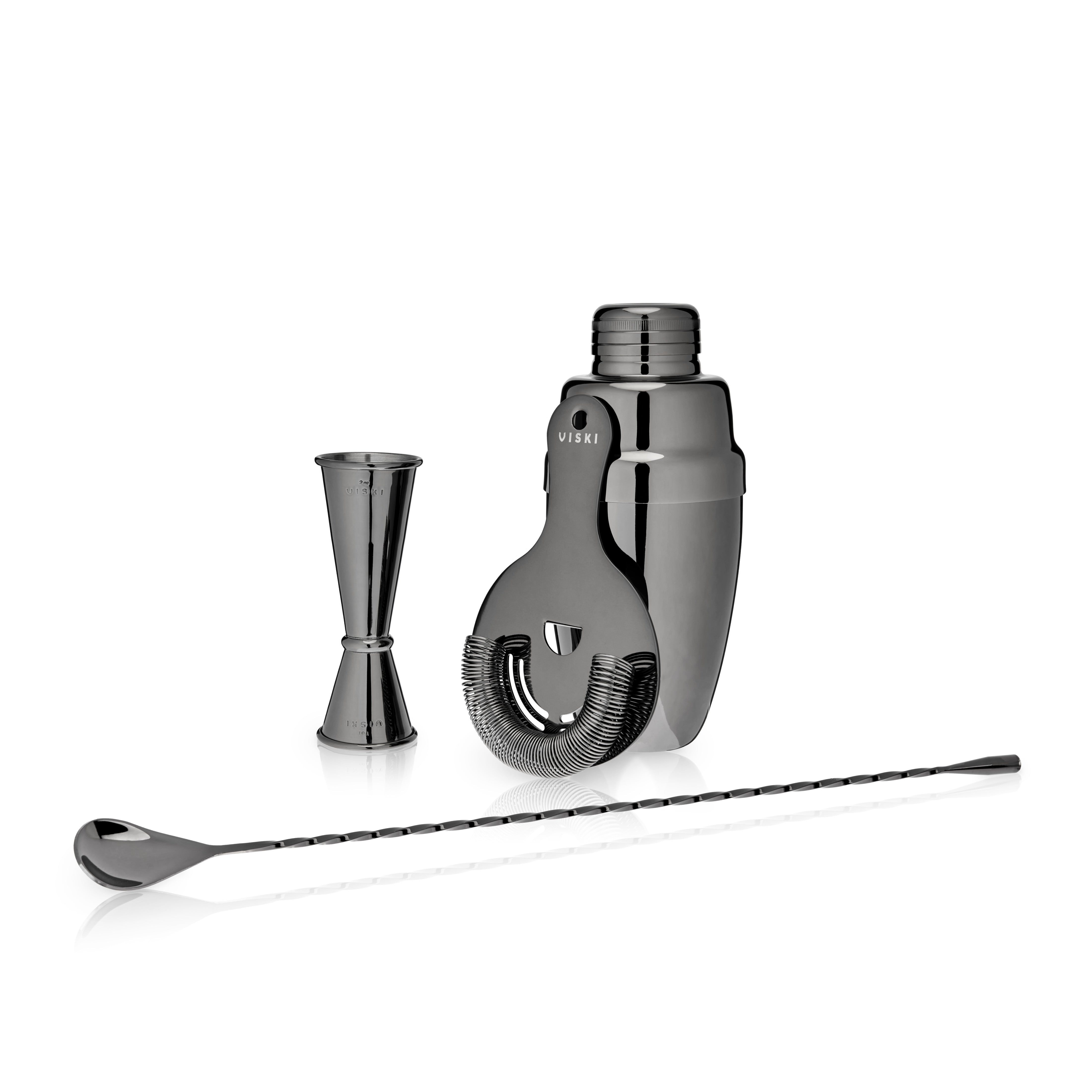 Viski Gunmetal Bartender Kit, Drink Mixers for Cocktails Gift Essentials:  Weighted Cobbler Shaker, Hawthorne Strainer, Weighted Barspoon, and  Japanese-Style Double Jigger, 4pc Set, Black