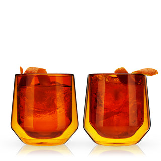 AMBER TINTED GLASSWARE FOR WATER OR WINE-  Bring a pop of color to your minimalist, contemporary glassware. Handcrafted and tinted with natural minerals, this amber lowball tumbler set is a timeless addition to your bar cart.