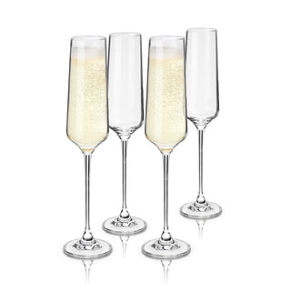 FOUR STEMMED CHAMPAGNE FLUTES – This beautiful set of 6 oz. stemmed wine glasses will enhance your finest vintages. Crafted with sparkling wines in mind, this gorgeous 4-piece glassware set is equally suited for champagne cocktails or aperitifs.
