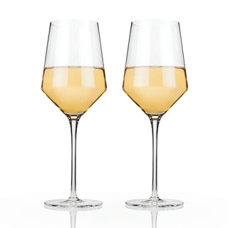 TWO STEMMED CHARDONNAY GLASSES – This beautiful pair of wine glasses will enhance your finest vintages. Crafted with buttery white wines in mind, this gorgeous glassware is equally suited for crisp, bright wine profiles.