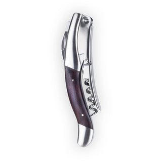OVERSIZED MULTI-FUNCTION CORKSCREW – Supplemental length and weight endow this corkscrew with added power. The tool is fashioned from solid stainless steel with a double-hinged arm, sharp foil blade and handle inlaid with dark, polished ebony wood.