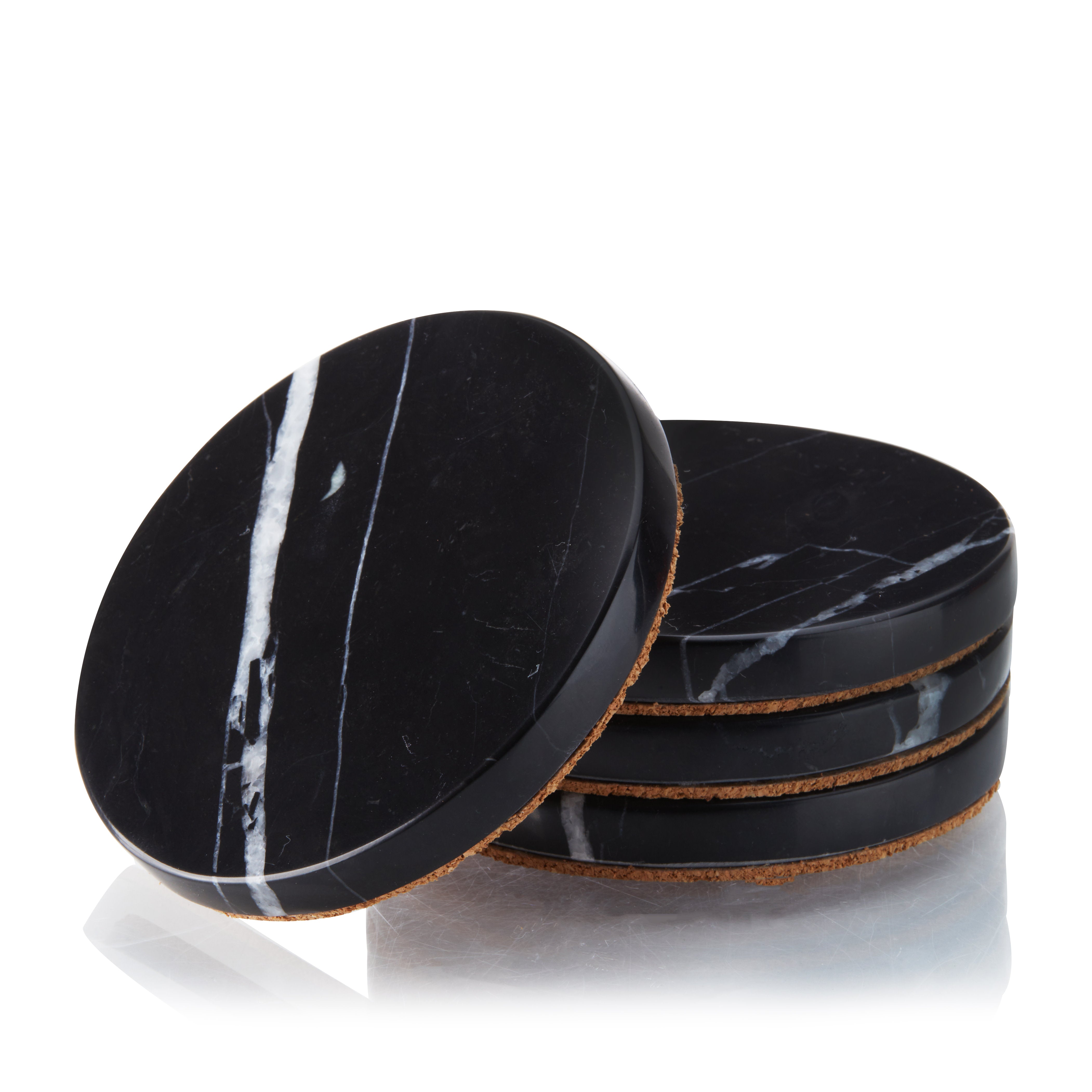 Viski Black Marble Coasters - Round Black Coasters for Drinks - Heavy Stone  with Cork Backing and Stand - Real Black Marble Coasters Set of 4